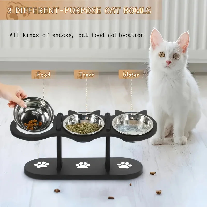 3-Tier Elevated Cat Feeder – Adjustable Wood Stand with Stainless Steel Bowls