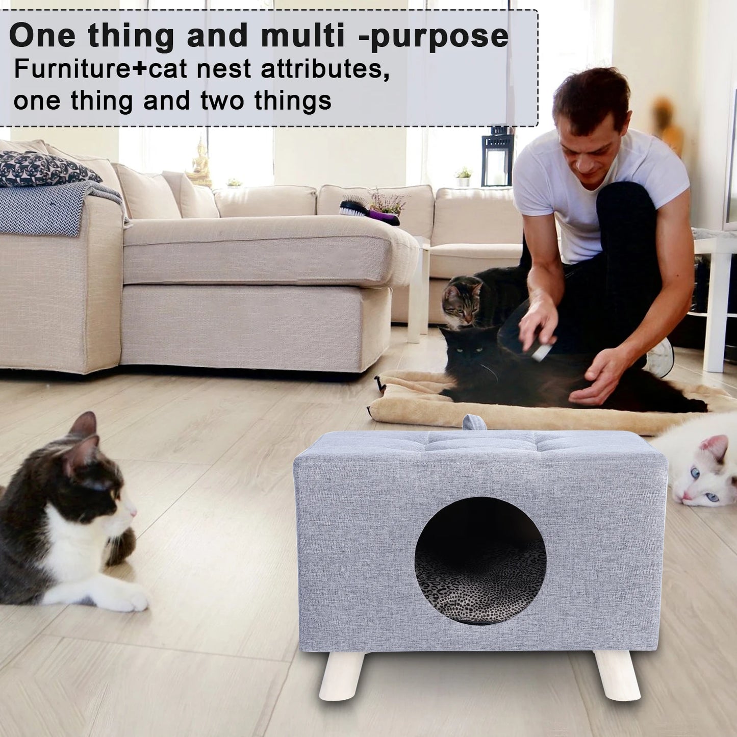 Wooden Cat Nest & Pet House Bench – Cozy Cube House