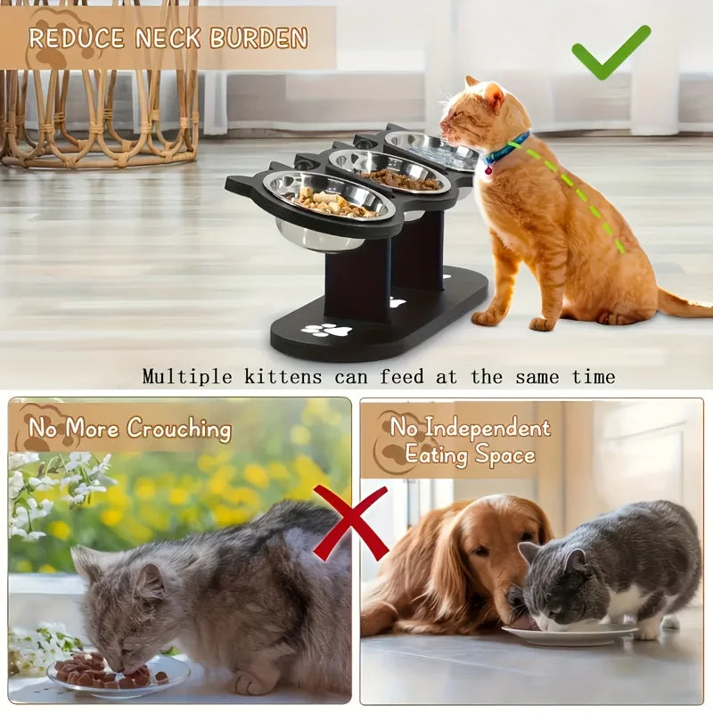 3-Tier Elevated Cat Feeder – Adjustable Wood Stand with Stainless Steel Bowls