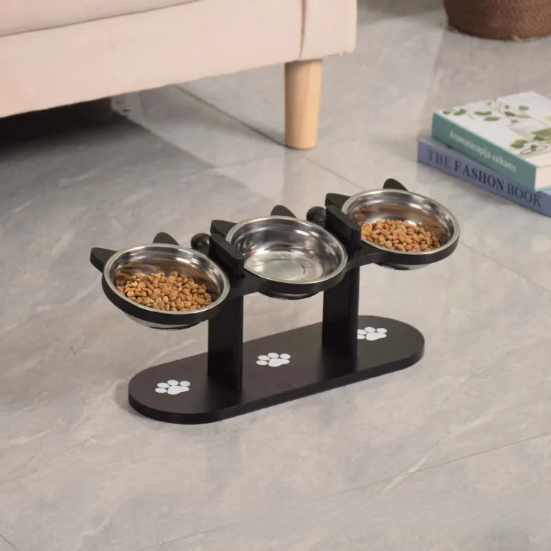 3-Tier Elevated Cat Feeder – Adjustable Wood Stand with Stainless Steel Bowls