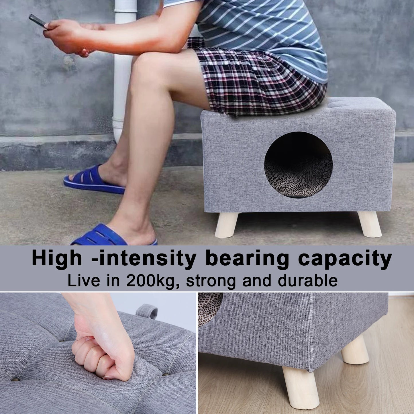 Wooden Cat Nest & Pet House Bench – Cozy Cube House