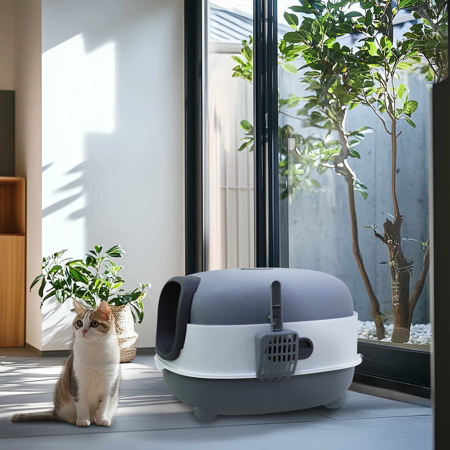 Oval Oblong Hooded Cat Litter Box – Front Entry Toilet with Scoop