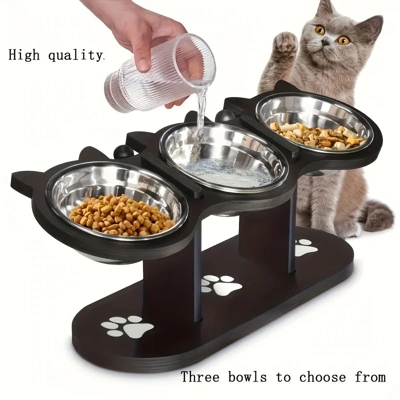 3-Tier Elevated Cat Feeder – Adjustable Wood Stand with Stainless Steel Bowls