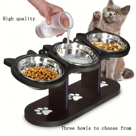 3-Tier Elevated Cat Feeder – Adjustable Wood Stand with Stainless Steel Bowls