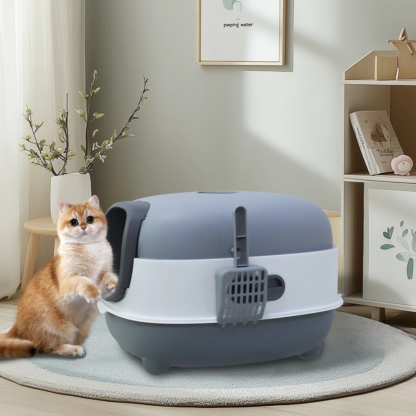 Oval Oblong Hooded Cat Litter Box – Front Entry Toilet with Scoop