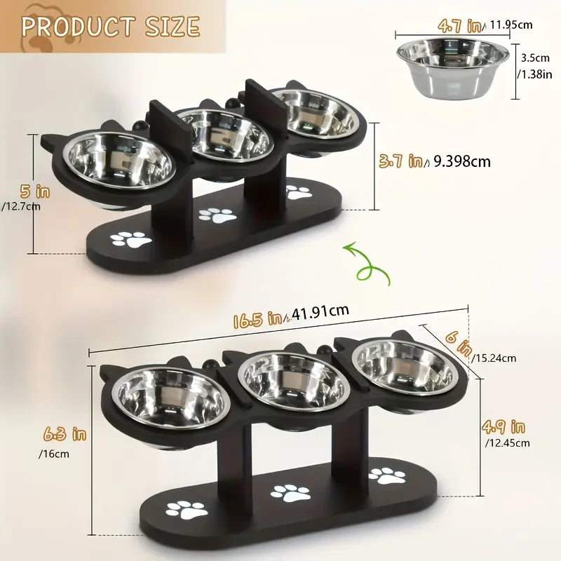 3-Tier Elevated Cat Feeder – Adjustable Wood Stand with Stainless Steel Bowls