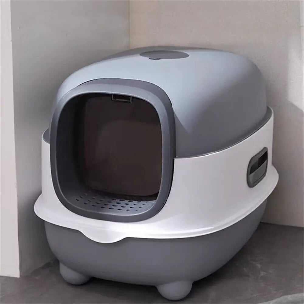 Oval Oblong Hooded Cat Litter Box – Front Entry Toilet with Scoop