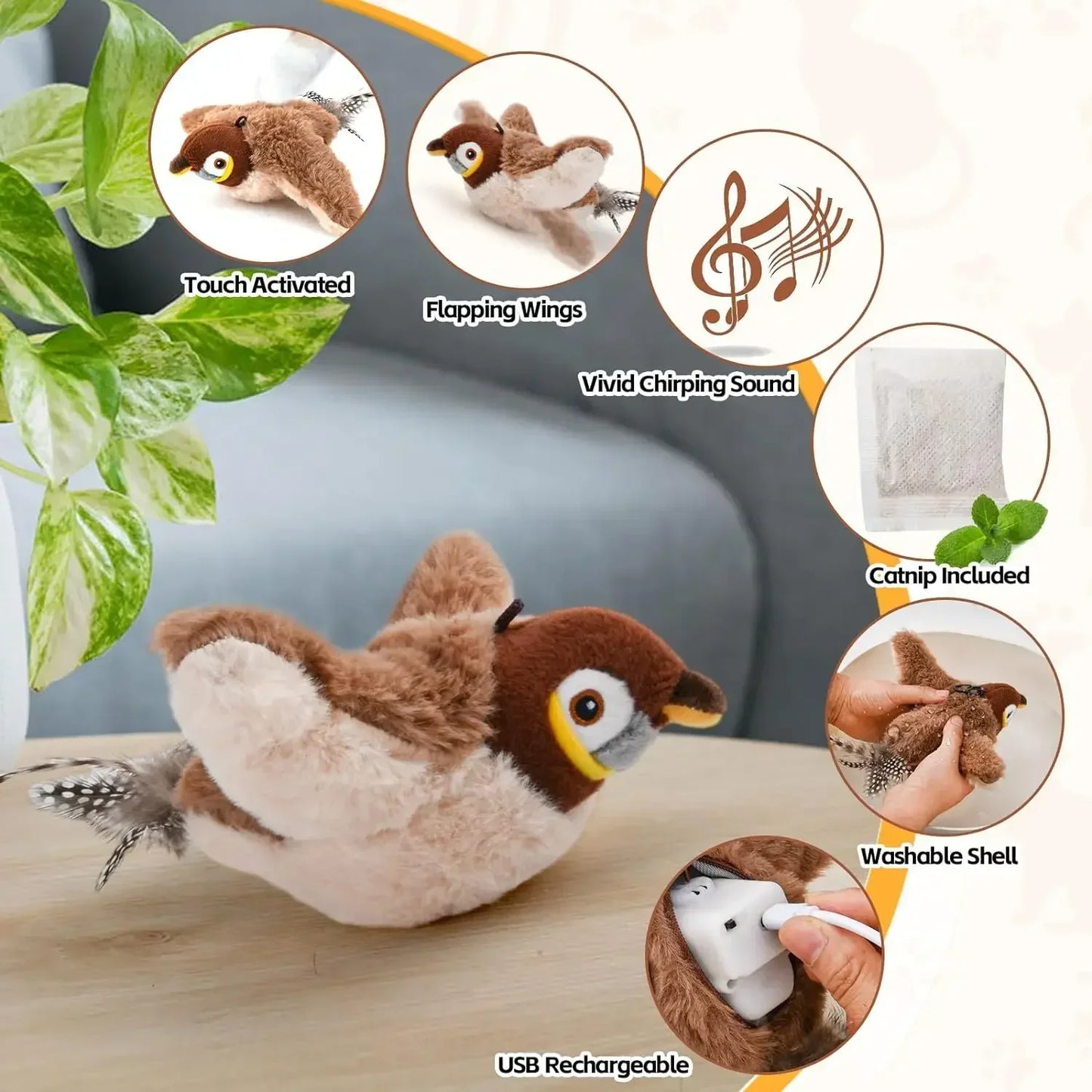 Interactive Flapping & Chirping Bird Toy – Electric Cat Toy with Catnip