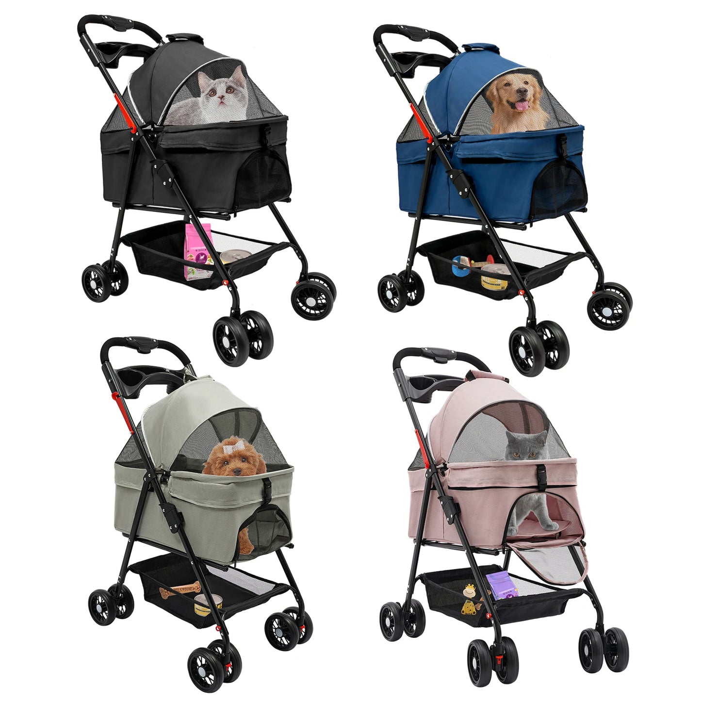 Foldable Cat & Dog Stroller – Detachable Basket Carrier, Easy Assembly, Shock Absorption, and Folding Lock