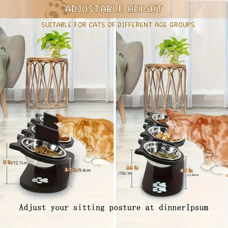 3-Tier Elevated Cat Feeder – Adjustable Wood Stand with Stainless Steel Bowls