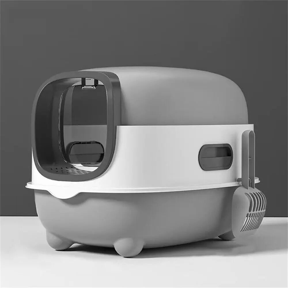 Oval Oblong Hooded Cat Litter Box – Front Entry Toilet with Scoop